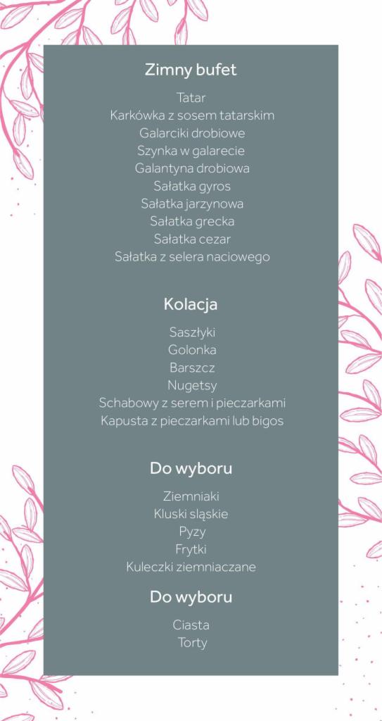 Menu z listą potraw zimnego bufetu, kolacji i dodatków do wyboru, z dekoracyjnymi elementami roślinnymi.
