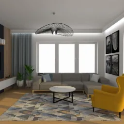 Wizualizacja salonu z granatową ścianą, telewizorem, szarą sofą narożną, żółtym fotelem typu uszak, okrągłym stolikiem kawowym z marmurowym blatem i geometrycznym dywanem.