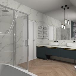 AHA Design - Wizualizacja łazienki na poddaszu z marmurowymi płytkami, kabiną prysznicową ze srebrnymi ramami, umywalkami nablatowymi, szafką pod umywalką w kolorze butelkowej zieleni z złotymi uchwytami...