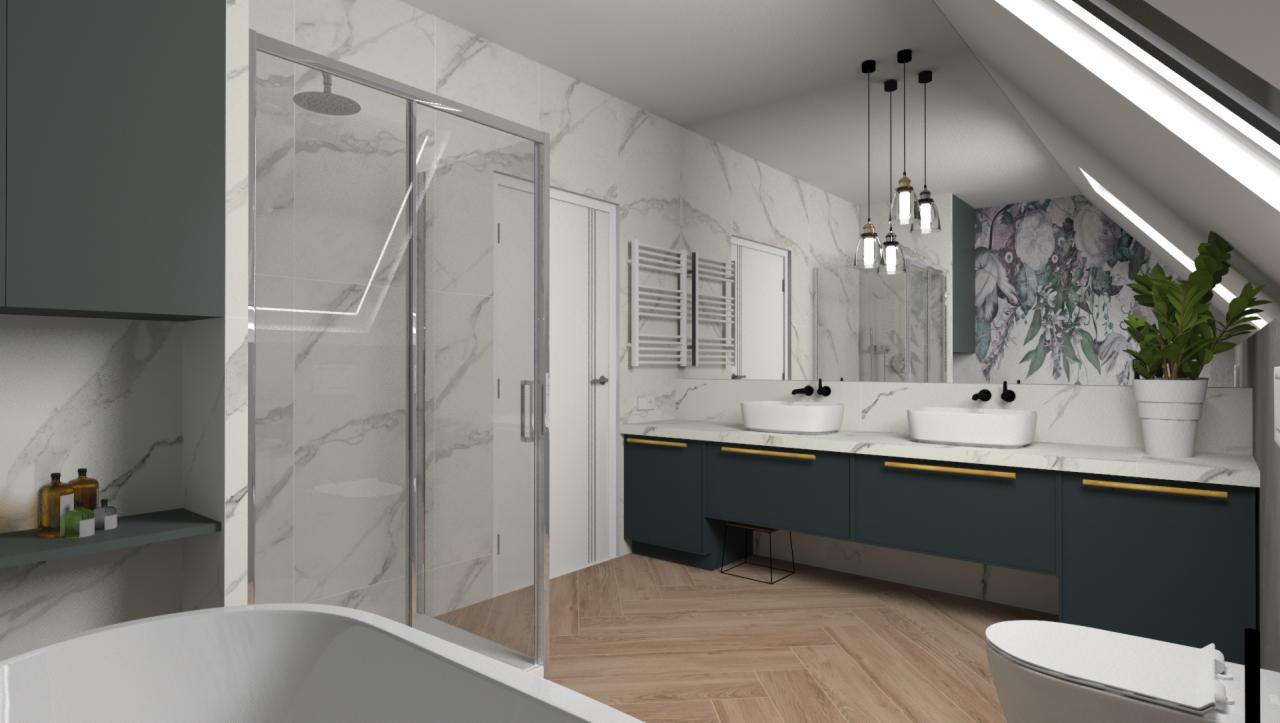 Wizualizacja łazienki na poddaszu z marmurowymi płytkami, kabiną prysznicową ze srebrnymi ramami, umywalkami nablatowymi, szafką pod umywalką w kolorze butelkowej zieleni z złotymi uchwytami...