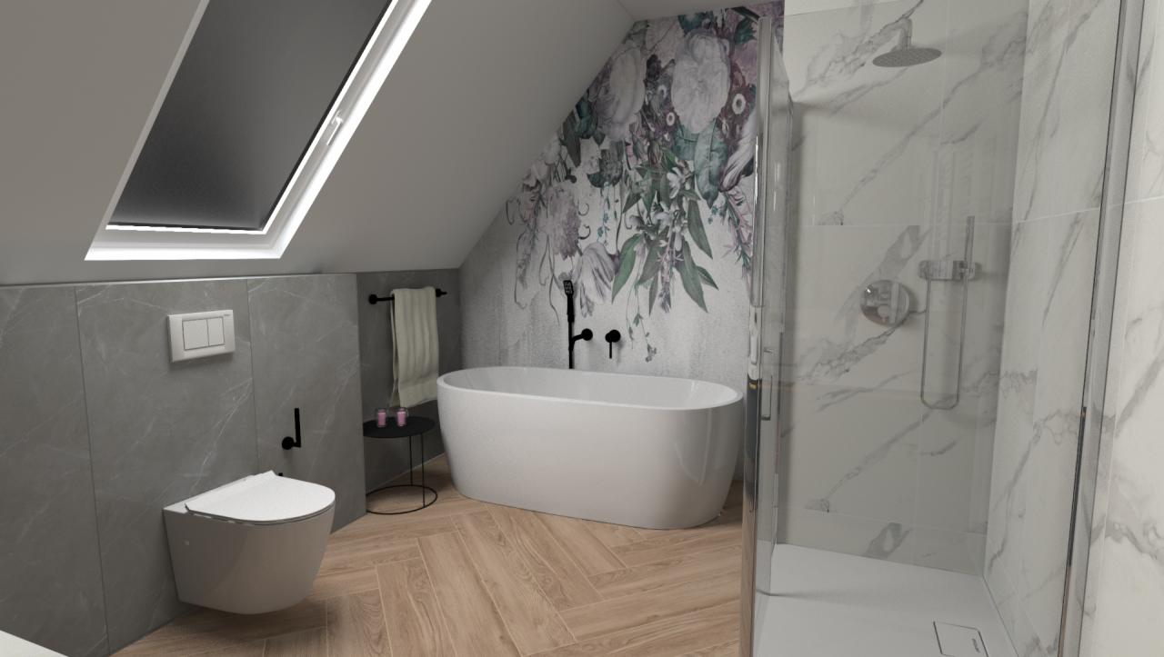 Wizualizacja łazienki na poddaszu z wolnostojącą wanną, kabiną prysznicową wykończoną marmurem, podwieszaną toaletą i tapetą w kwiaty na skośnej ścianie.