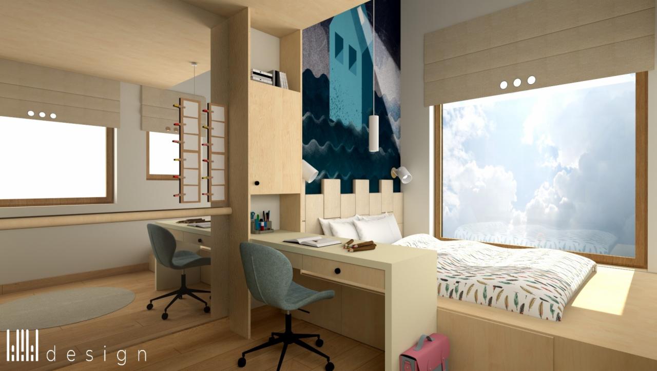 Wizualizacja pokoju dziecięcego z dwoma stanowiskami do nauki, biurka z szufladami i krzesłami na kółkach, łóżko na podeście pod oknem z widokiem na błękitne niebo, tapeta z motywem abstrakcyjnego...
