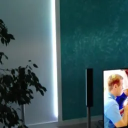 Fragment pokoju z dwukolorową ścianą (biała i turkusowa), roślinami doniczkowymi, głośnikiem na statywie i telewizorem z widocznym fragmentem obrazu.