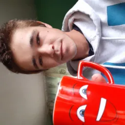 Mężczyzna z czerwoną filiżanką z zabawną buźką, ubrany w bluzę z kapturem, patrzy w obiektyw. Nietypowy kadr i oświetlenie.