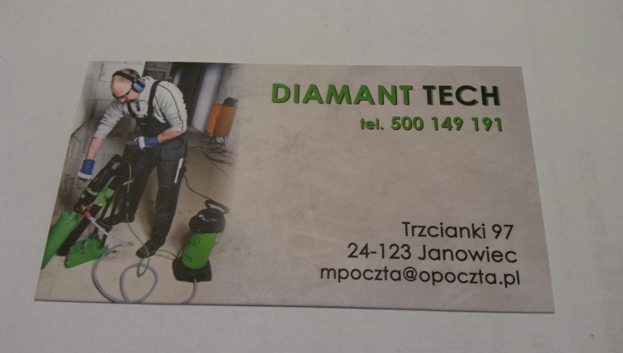Wizytówka firmy Diamant Tech z pracownikiem używającym wiertnicy diamentowej do betonu, w tle ściana i butla gazowa.