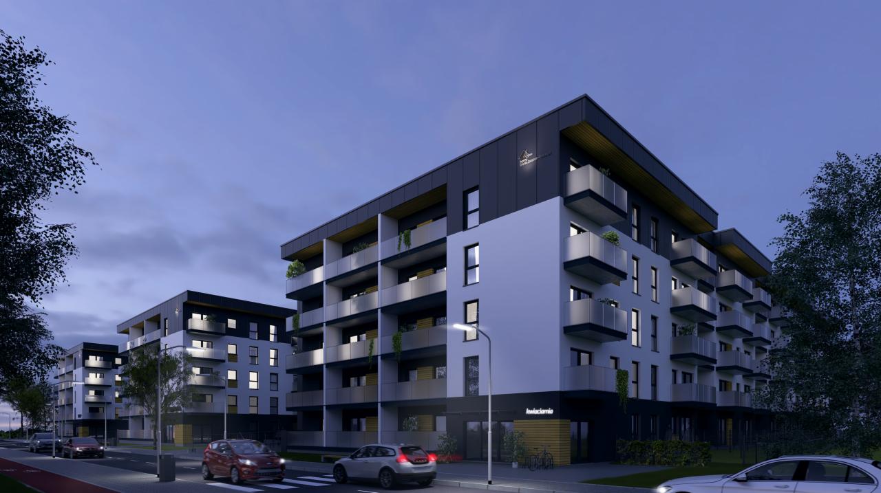 Wizualizacja nowoczesnego, wielopiętrowego budynku mieszkalnego z balkonami i elementami czerni, bieli i szarości, widzianego z poziomu ulicy o zmierzchu, z widocznymi samochodami i oświetleniem...