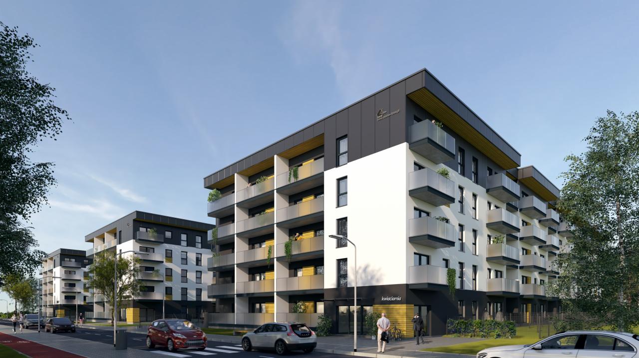 Wizualizacja kompleksu budynków wielorodzinnych z balkonami i przeszklonymi balustradami, z widoczną elewacją w bieli, szarości i czerni, zieleń i zaparkowane samochody w otoczeniu.