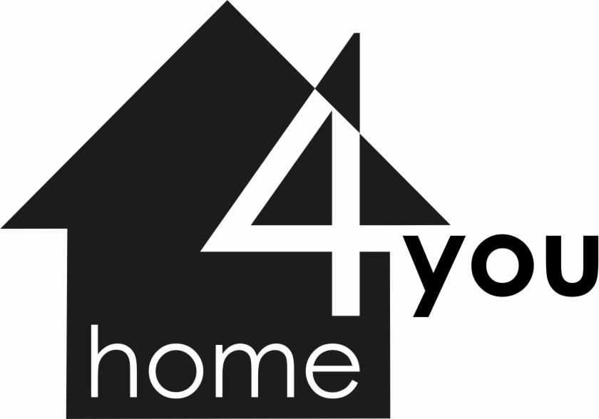 Czarne logo firmy budowlanej '4 you home' z motywem domu wkomponowanym w cyfrę cztery.