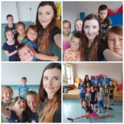 Kolaż czterech zdjęć: kobieta robi selfie z grupami dzieci w sali zabaw, jedno dziecko robi szpagat.