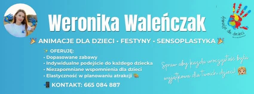 Baner reklamowy z ofertą animacji dla dzieci: festyny, sensoplastyka. Kontakt: 665 084 887. Zdjęcie uśmiechniętej animatorki w rękawicach i kolorowa dłoń.