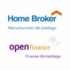 Logotypy firm Home Broker (nieruchomości) i Open Finance (finanse) na białym tle, z hasłami 'Nieruchomości dla każdego' i 'Finanse dla każdego'.
