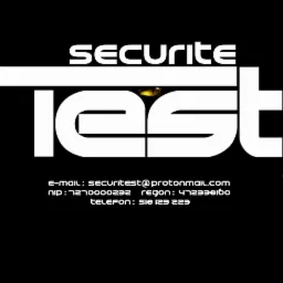 Logo firmy Securite Test na czarnym tle, zawierające adres e-mail, NIP, REGON i numer telefonu.