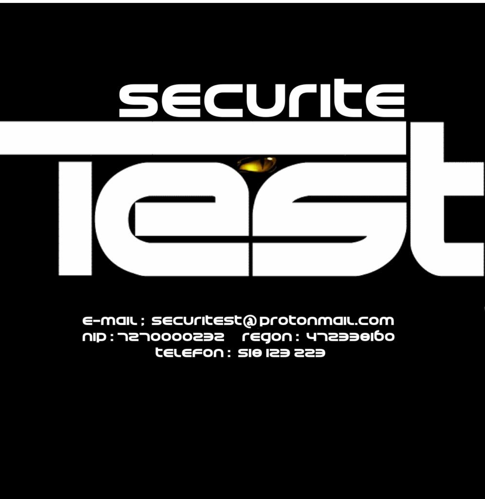 Logo firmy Securite Test na czarnym tle, zawierające adres e-mail, NIP, REGON i numer telefonu.