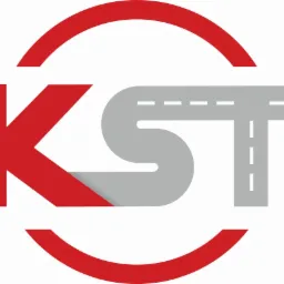 Graficzne logo firmy transportowej: czerwone 'K', szara droga w kształcie 'S' i 'T', czerwony okrąg. Minimalistyczny design, nowoczesny styl.