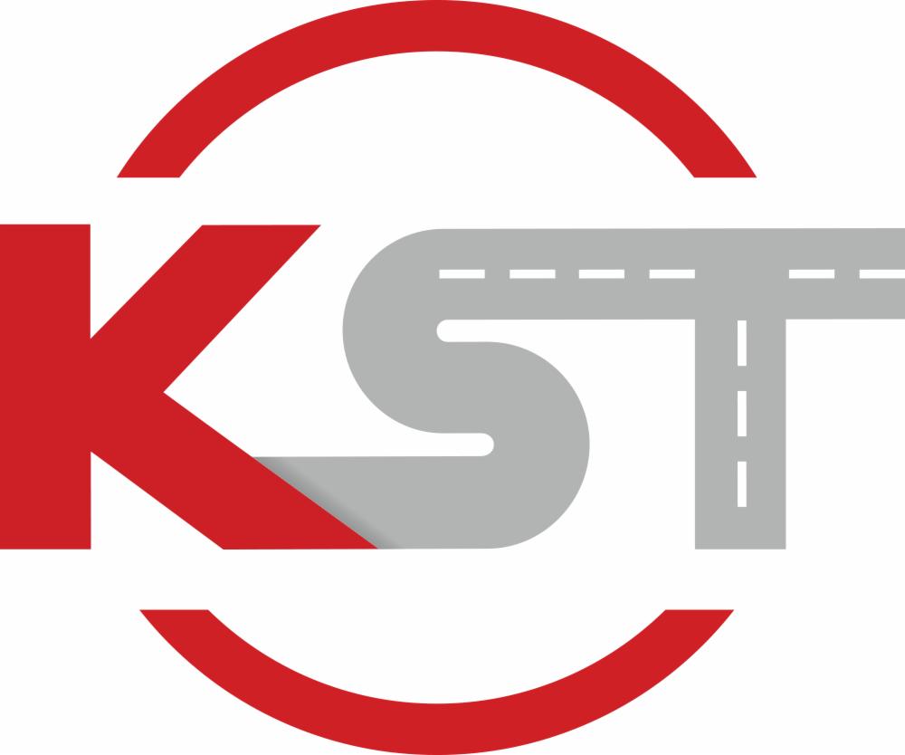 Graficzne logo firmy transportowej: czerwone 'K', szara droga w kształcie 'S' i 'T', czerwony okrąg. Minimalistyczny design, nowoczesny styl.
