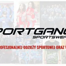 Kompozycja zdjęć sportowców w strojach różnych dyscyplin z logo i hasłem firmy SPORTGANG SPORTSWEAR, producenta profesjonalnej odzieży sportowej i wizerunkowej.