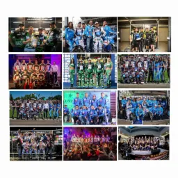 Kolaż zdjęć drużyn speedway'owych w kombinezonach z nadrukami, pozujących do zdjęć po zawodach, z trofeami i hostessami.