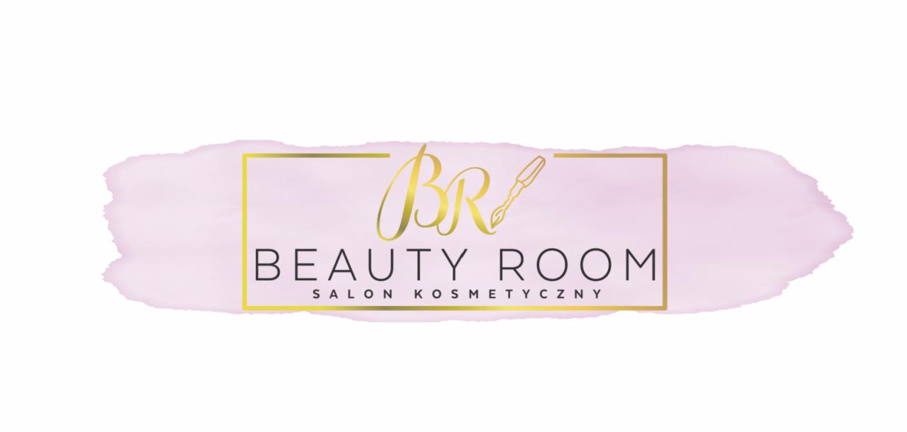 Logo salonu kosmetycznego Beauty Room z akwarelowym tłem w odcieniach różu i złotą ramką.