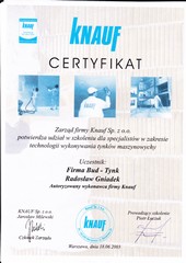 Certyfikat firmy Knauf potwierdzający udział w szkoleniu z zakresu technologii wykonywania tynków maszynowych. Widoczne logo Knauf, nazwa firmy 'Firma Bud-Tynk' oraz podpisy.