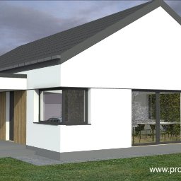 Projekt X Joanna Skrzypczak - Wizualizacja nowoczesnego, parterowego domu z białymi ścianami, szarym dachem i drewnianymi elementami elewacji, widok z boku w pochmurny dzień.