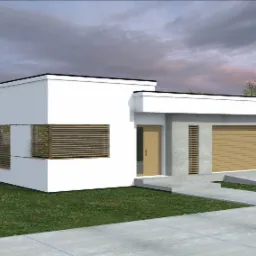 Wizualizacja nowoczesnego, parterowego domu z płaskim dachem, białymi ścianami i elementami z szarego betonu, z garażem dwustanowiskowym i drewnianymi żaluzjami w oknach, otoczonego zielenią.