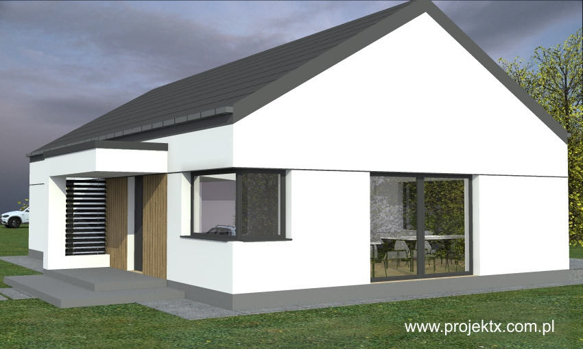 Wizualizacja nowoczesnego, parterowego domu z białymi ścianami, szarym dachem i drewnianymi elementami elewacji, widok z boku w pochmurny dzień.