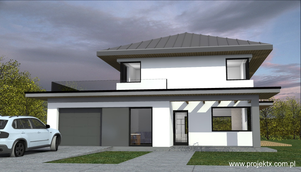 Wizualizacja dwukondygnacyjnego domu z płaskim dachem i garażem, biała elewacja, szara stolarka okienna, obok zaparkowany biały samochód osobowy.