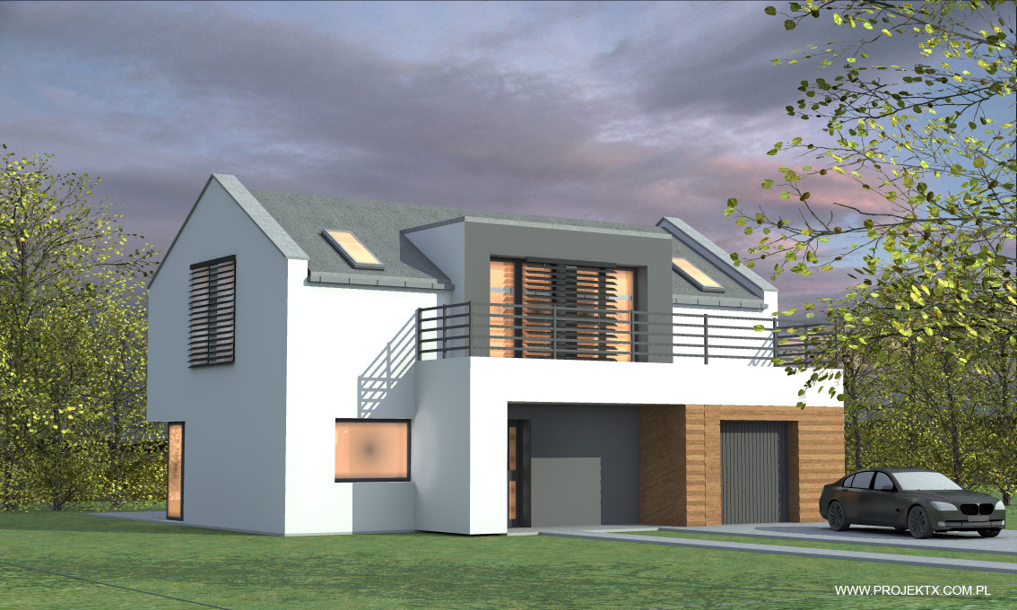 Wizualizacja nowoczesnego, dwukondygnacyjnego domu z płaskim dachem, balkonem z metalową balustradą i garażem, na tle zachmurzonego nieba i drzew z zielonymi liśćmi, z ciemnym samochodem...