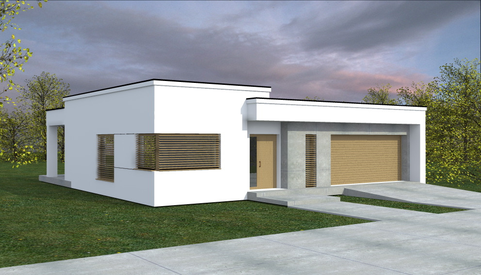 Wizualizacja nowoczesnego, parterowego domu z płaskim dachem, białymi ścianami i elementami z szarego betonu, z garażem dwustanowiskowym i drewnianymi żaluzjami w oknach, otoczonego zielenią.