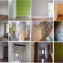 Usługi Remontowe . MIESZKANIA . ŁAZIENKI . MALOWANIE . REGIPSY . szybko-tanio-solidnie - Kolaż przedstawiający wnętrza po malowaniu: pokoje z drewnianymi podłogami, schody z kutą balustradą, korytarz z parkietem, ściany w odcieniach bieli, szarości, zieleni i żółci.