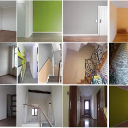 Kolaż przedstawiający wnętrza po malowaniu: pokoje z drewnianymi podłogami, schody z kutą balustradą, korytarz z parkietem, ściany w odcieniach bieli, szarości, zieleni i żółci.