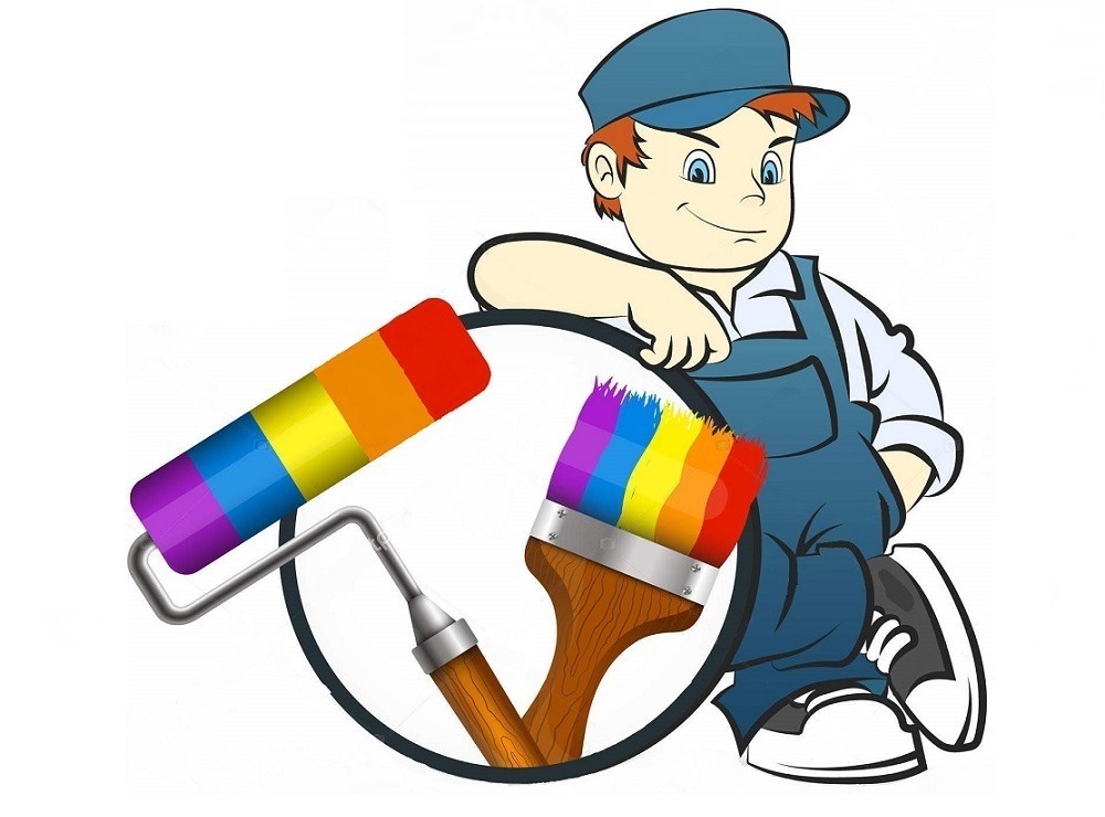 Kreskówkowy malarz w niebieskim kombinezonie z tęczowym wałkiem i pędzlem w okręgu.