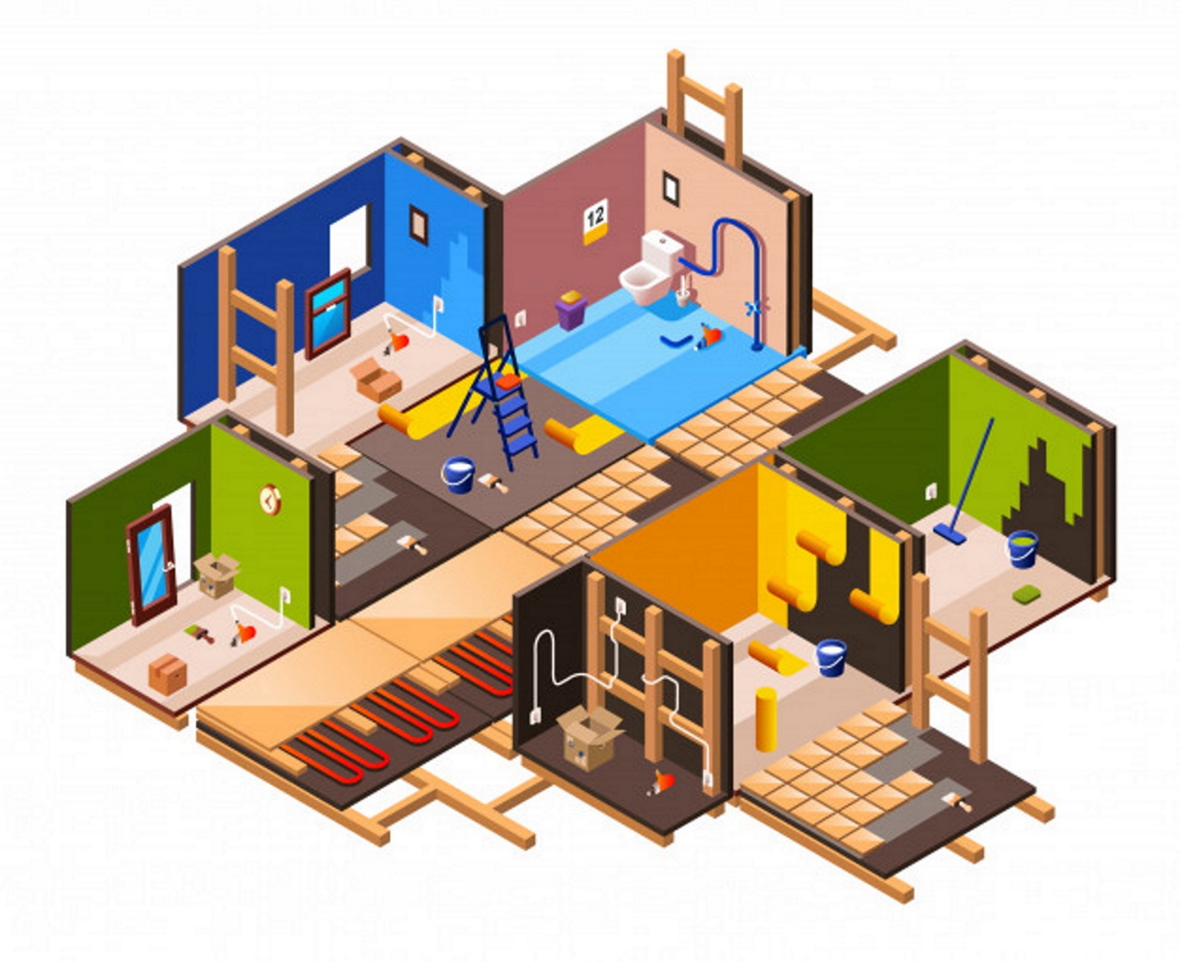 Izometryczny schemat mieszkania w Żarowie w trakcie remontu, prezentujący etapy prac: malowanie ścian na różne kolory, montaż ogrzewania podłogowego, układanie płytek, instalacja elektryczna...