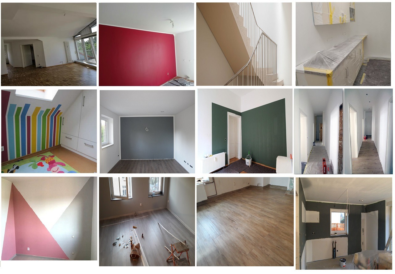Kolaż zdjęć przedstawiających różnorodne pomalowane wnętrza: pokój z czerwoną ścianą, klatka schodowa z beżowymi ścianami, pokój dziecięcy z kolorowymi pasami, pokój z szarą ścianą, pokój z zieloną...