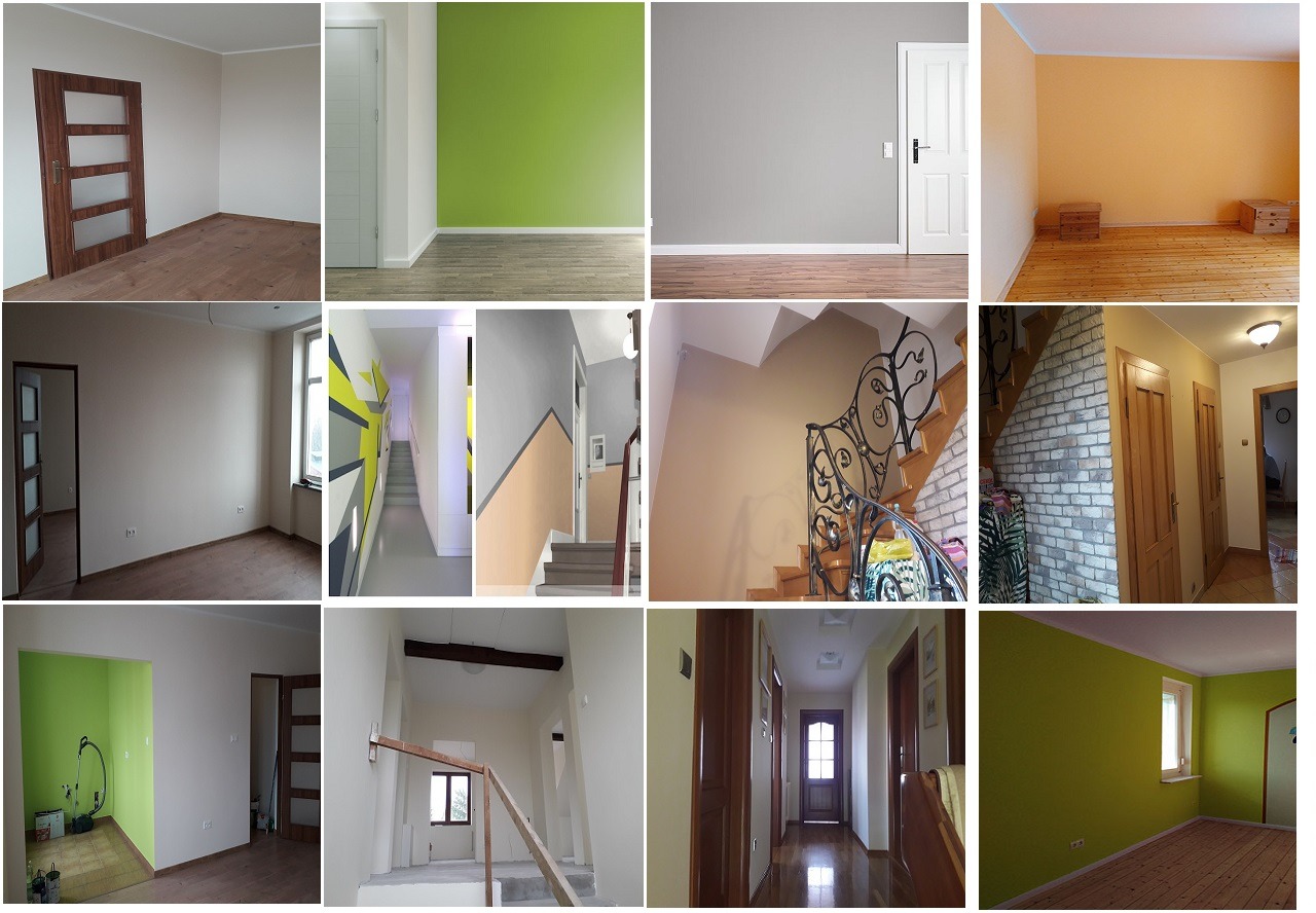 Kolaż przedstawiający wnętrza po malowaniu: pokoje z drewnianymi podłogami, schody z kutą balustradą, korytarz z parkietem, ściany w odcieniach bieli, szarości, zieleni i żółci.