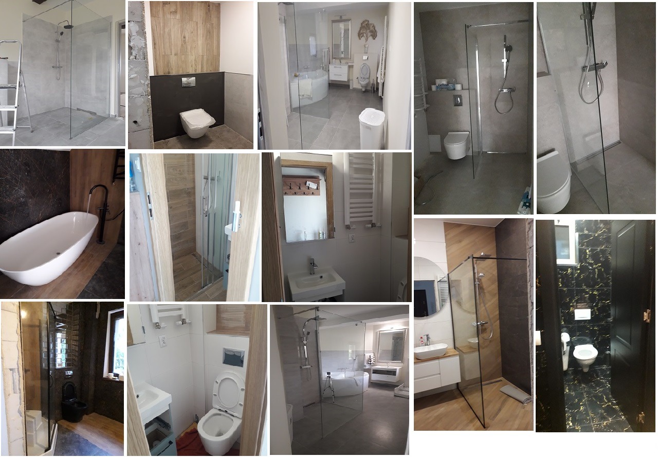 Kompilacja zdjęć przedstawiających różne aranżacje łazienek: kabiny prysznicowe ze szkła, umywalki nablatowe, toalety podwieszane, wanny wolnostojące, grzejniki drabinkowe i różnorodne wykończenia...