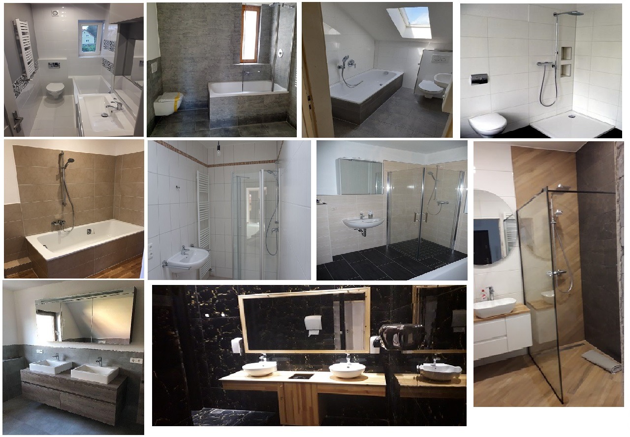 Kolaż przedstawia różnorodne aranżacje wnętrz łazienek: od klasycznych z wanną i białą glazurą, po nowoczesne z kabiną prysznicową typu walk-in, umywalkami nablatowymi i ciemnymi płytkami, ukazując...