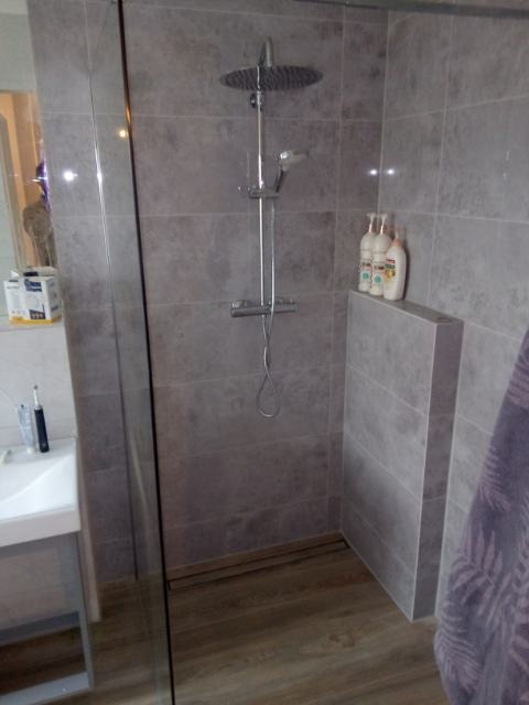 Szara łazienka z kabiną prysznicową walk-in, deszczownicą, półką na kosmetyki i podłogą imitującą drewno.