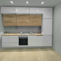 Wizualizacja nowoczesnej kuchni z białymi frontami i drewnianymi szafkami górnymi, jasny blat i podłoga w odcieniach drewna, minimalistyczne oświetlenie sufitowe.