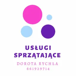 Logo firmy sprzątającej Dorota Rychła z numerem telefonu, z abstrakcyjnym motywem trzech kół w kolorach różowym, fioletowym i błękitnym.