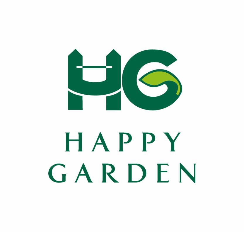Zielone logo firmy Happy Garden z stylizowaną literą H przypominającą płot i liściem wkomponowanym w literę G.