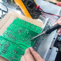 Ręczne lutowanie elementów na zielonej płytce drukowanej przy użyciu lutownicy z czarną rączką, obok multimetr cyfrowy z przewodami pomiarowymi.