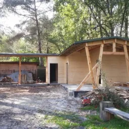 Wznoszenie szkieletowej konstrukcji domu z widocznymi elementami drewnianymi i zadaszeniem, w tle las i sterta drewna.