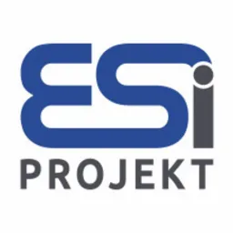 Logo firmy ESI Projekt z niebieskim napisem ESI i szarym Projekt, na białym tle.