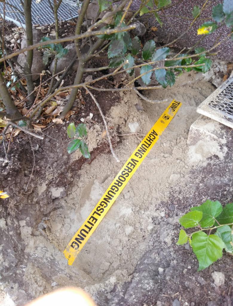 Odkopany fragment gruntu z żółtą taśmą ostrzegawczą z napisem 'ACHTUNG VERSORGUNGSLEITUNG' w pobliżu krzewu, prawdopodobnie wskazujący na przebiegającą pod ziemią instalację.