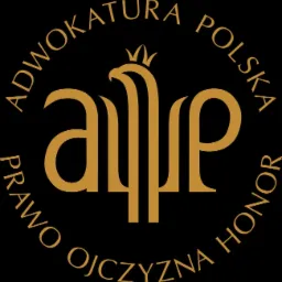 Złote logo Adwokatury Polskiej na czarnym tle, zawierające stylizowanego orła w koronie i napisy: Adwokatura Polska, Prawo Ojczyzna Honor.