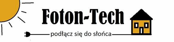 Logo firmy Foton-Tech z rysunkowym słońcem, domem i hasłem 'podłącz się do słońca'.