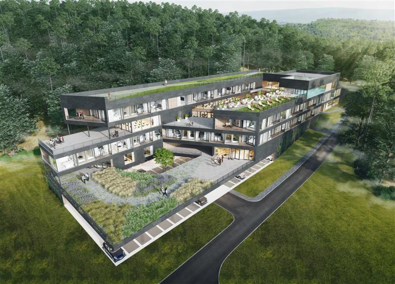 Wizualizacja nowoczesnego, wielopiętrowego budynku usługowego z zielonym dachem i tarasami, otoczonego lasem, z basenem na dachu i parkingiem.