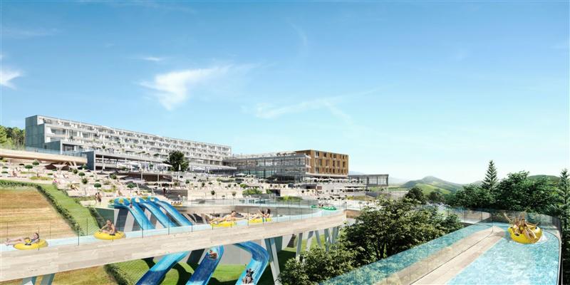 Wizualizacja architektoniczna kompleksu hotelowego z aquaparkiem, obejmująca budynek hotelowy, tarasowe ogrody i zjeżdżalnie wodne z osobami na pontonach.