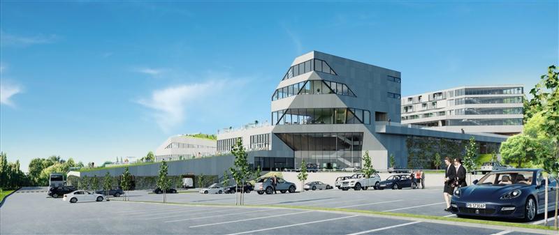 Wizualizacja nowoczesnego budynku biurowego z zielonym dachem i parkingiem pełnym samochodów, z widoczną elewacją z dużymi oknami i nietypową bryłą.